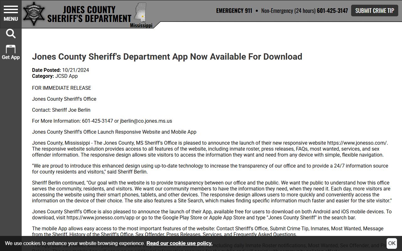 Jones County arrest records sheriff app press release announcing inmate and most wanted features