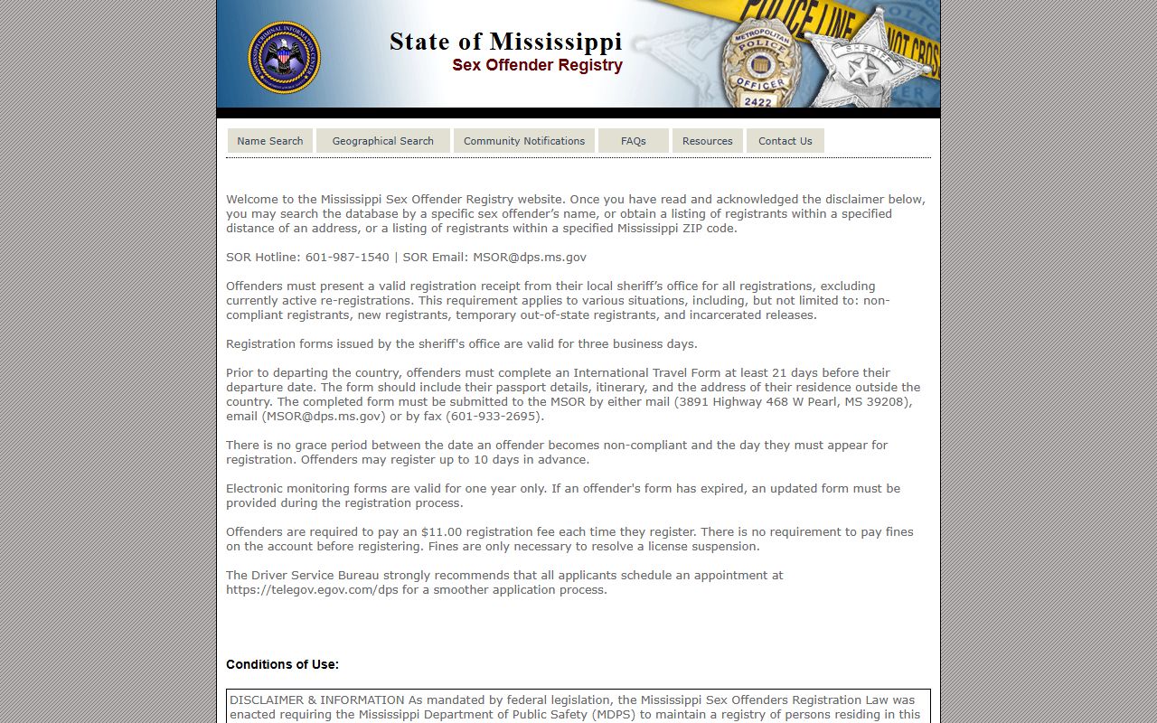 Jones County arrest records statewide Mississippi sex offender registry search page