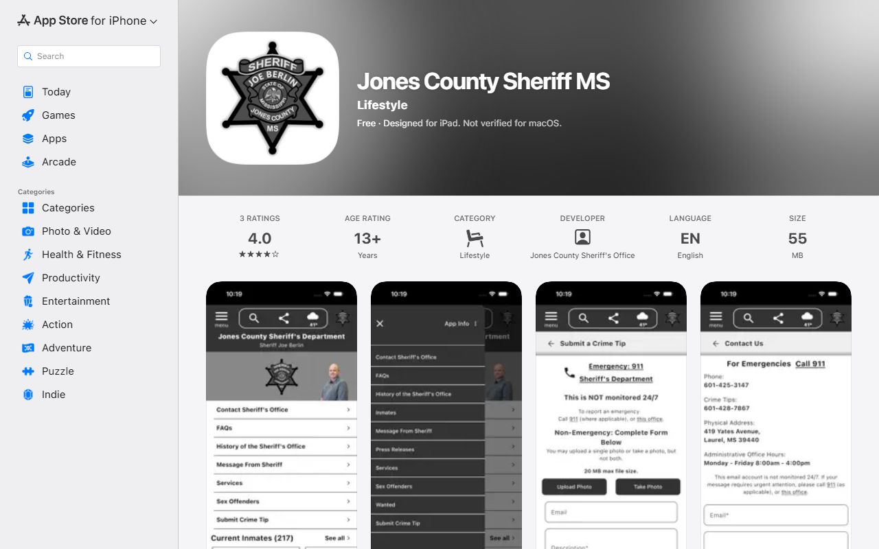 Jones County arrest records sheriff app on the Apple App Store listing inmates and most wanted