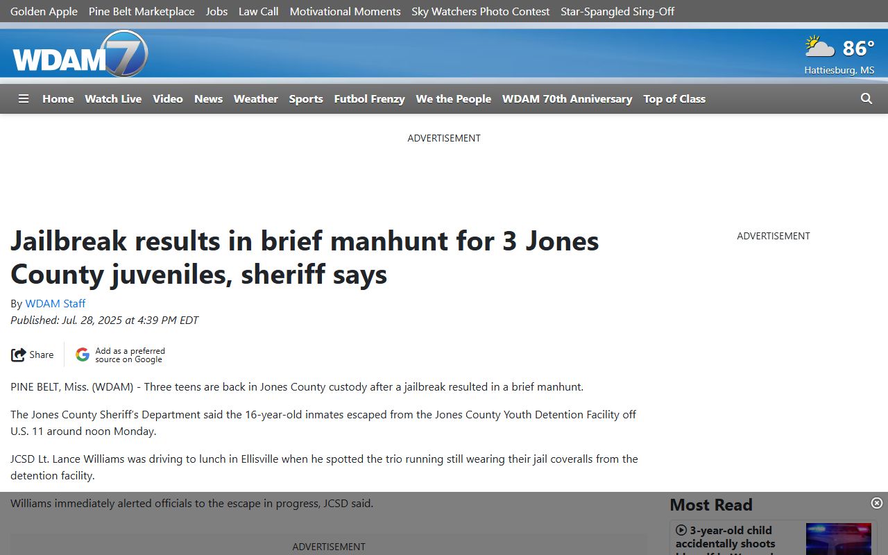 Jones County juvenile detention news tied to Youth Court records