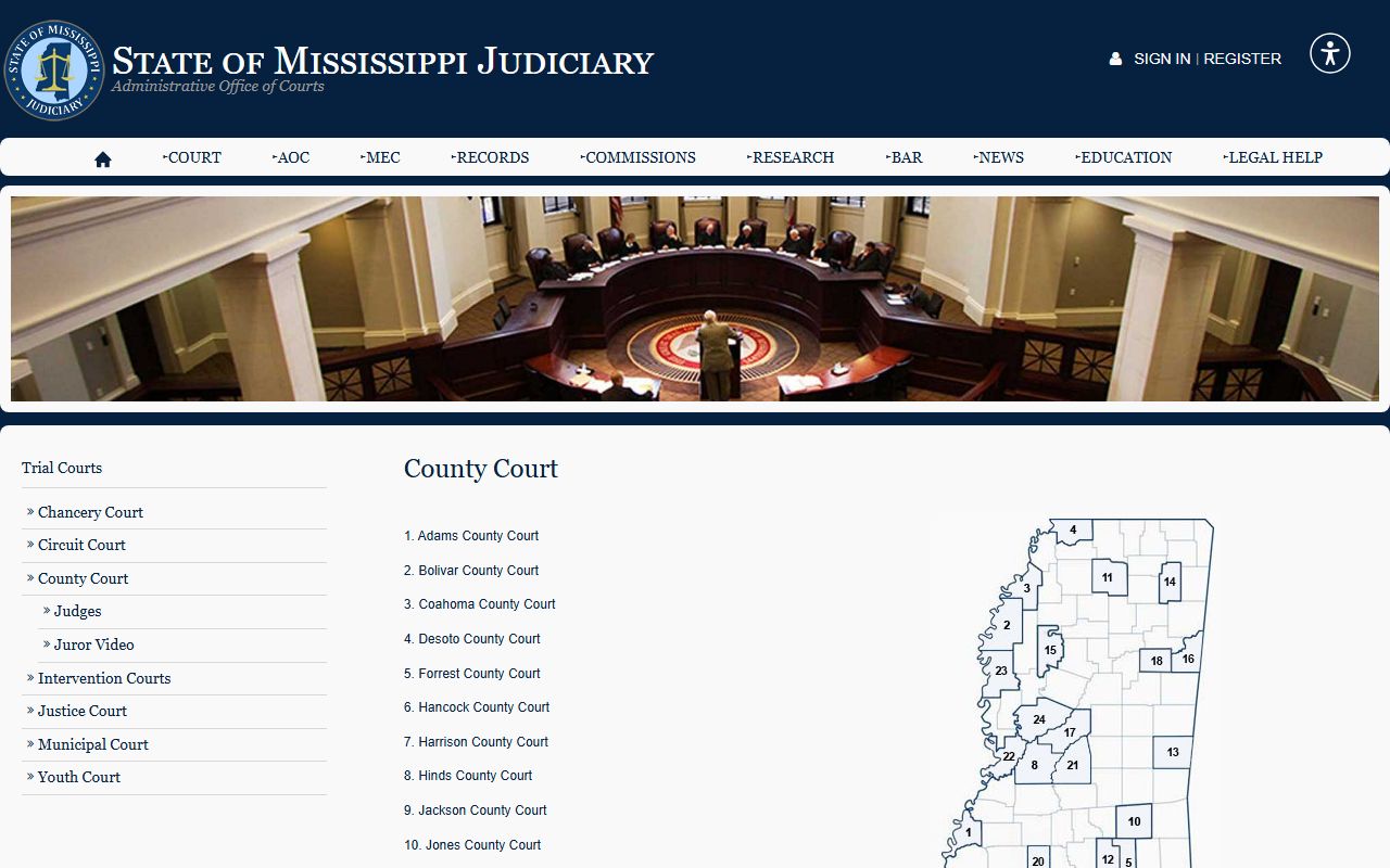 Mississippi Judiciary County Court page describing Jones County court dockets