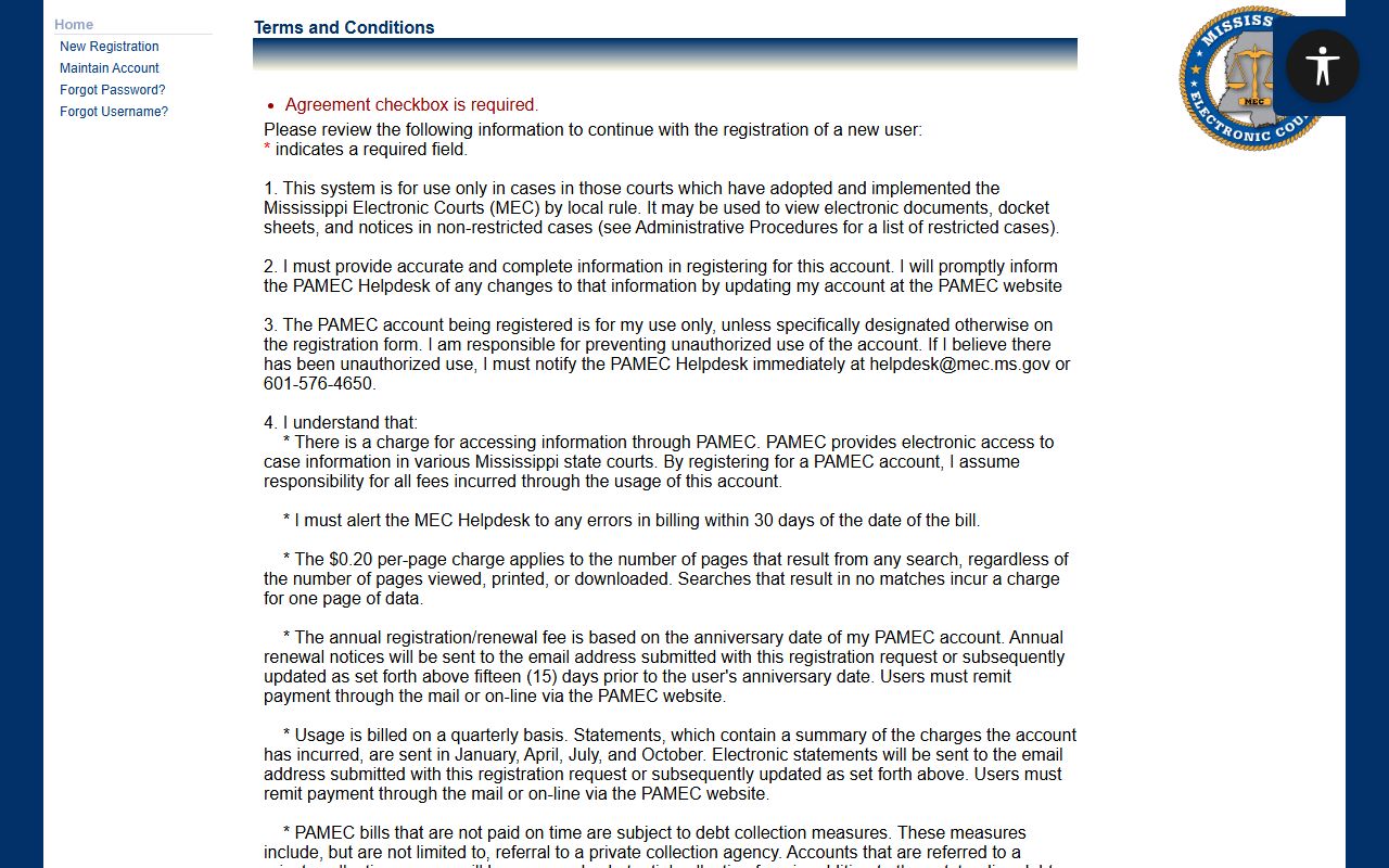 PAMEC non-attorney terms page for accessing Jones County court records