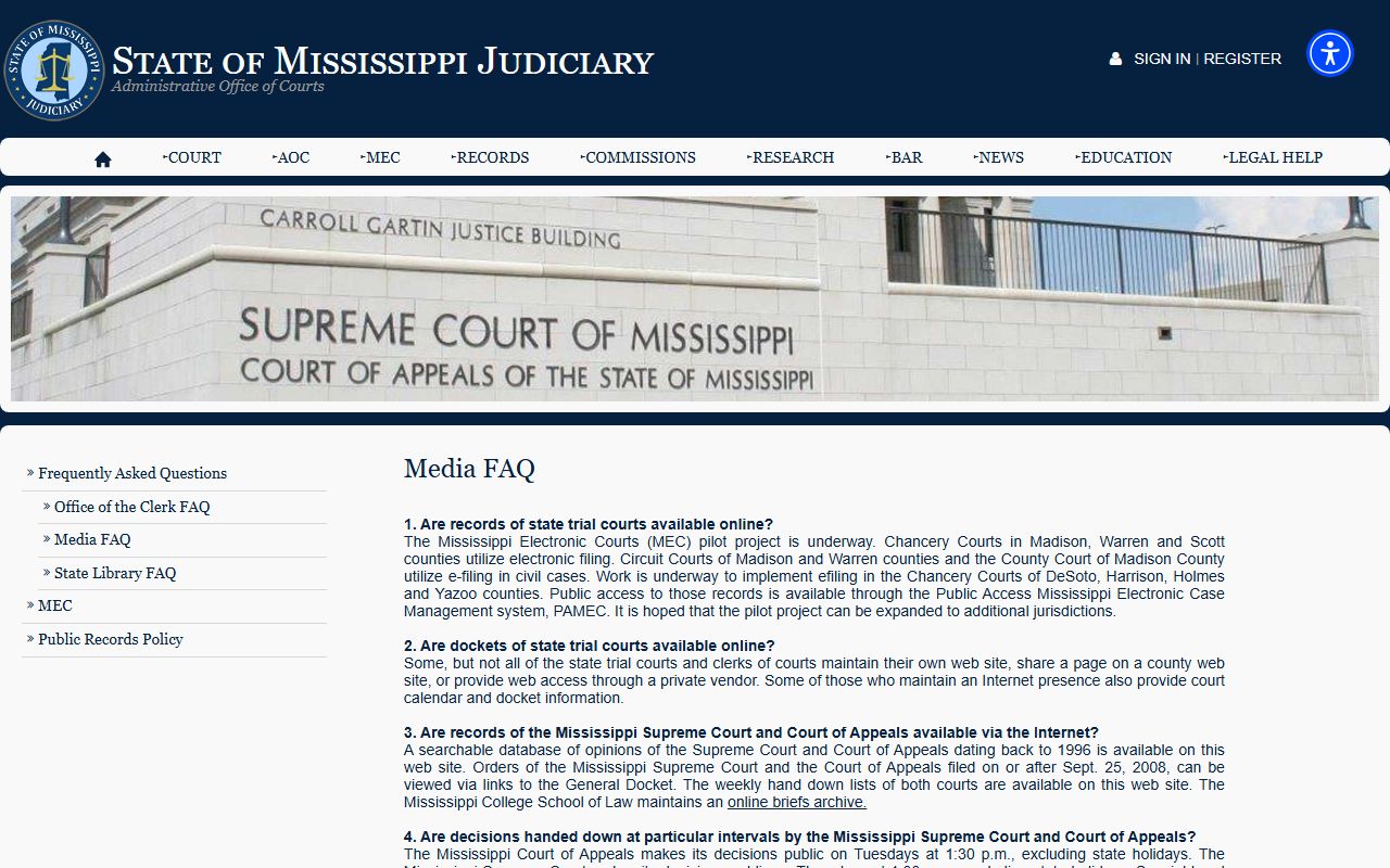 Mississippi Judiciary media page describing Jones County court records access by name and case number