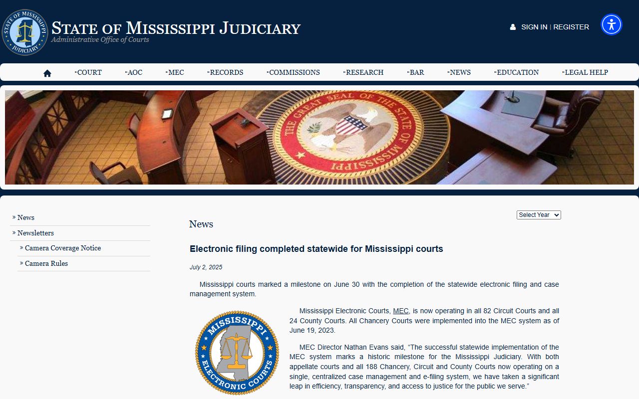 Mississippi Judiciary news on statewide electronic filing for Jones County court records