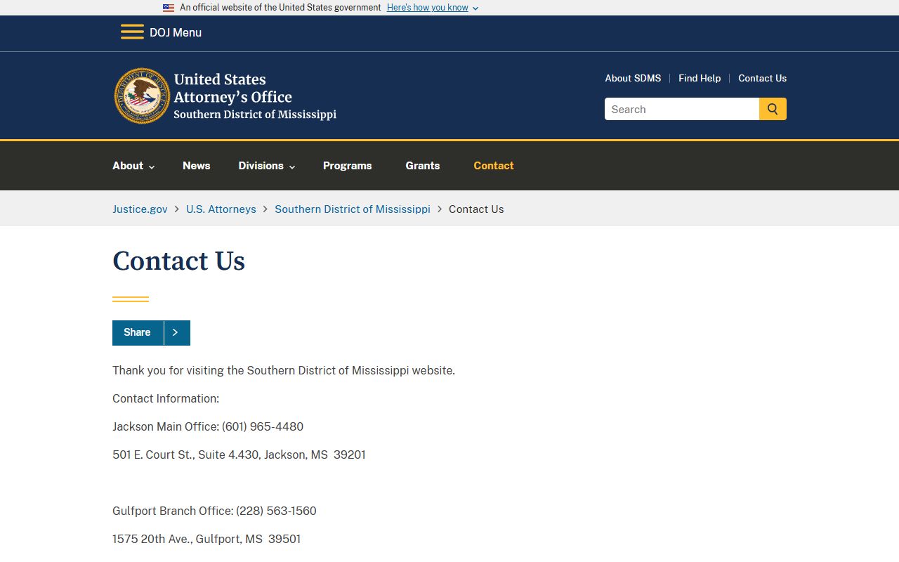 Jones County criminal court records federal prosecutor contact page for the Southern District of Mississippi