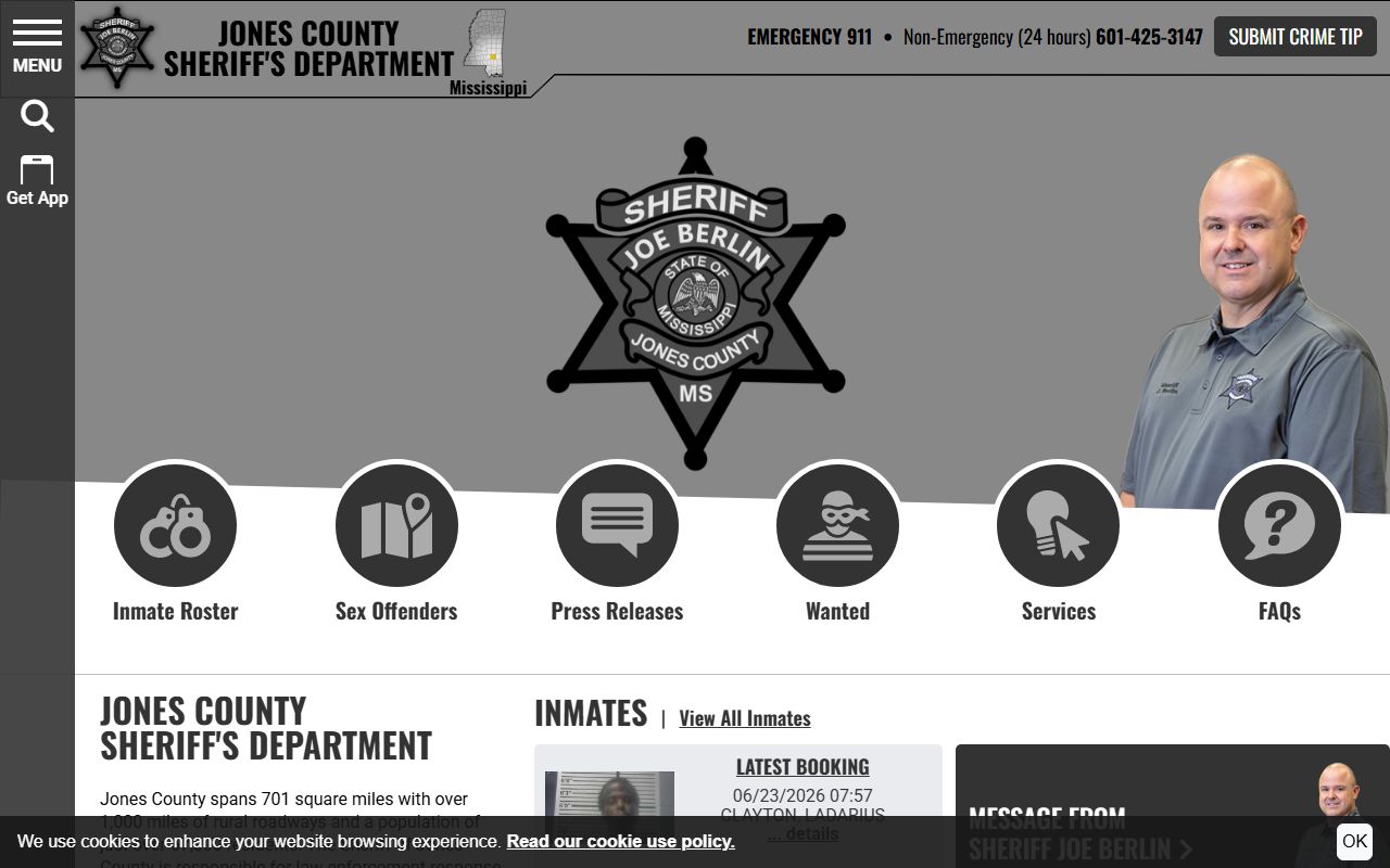 Jones County Sheriff home page linking to inmate court records
