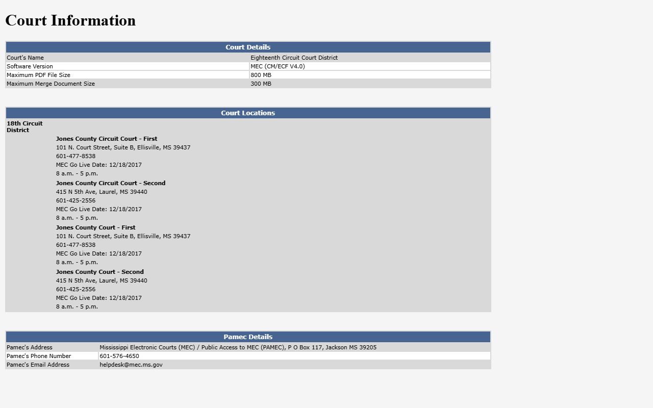 18th Circuit MEC court information for Jones County court records
