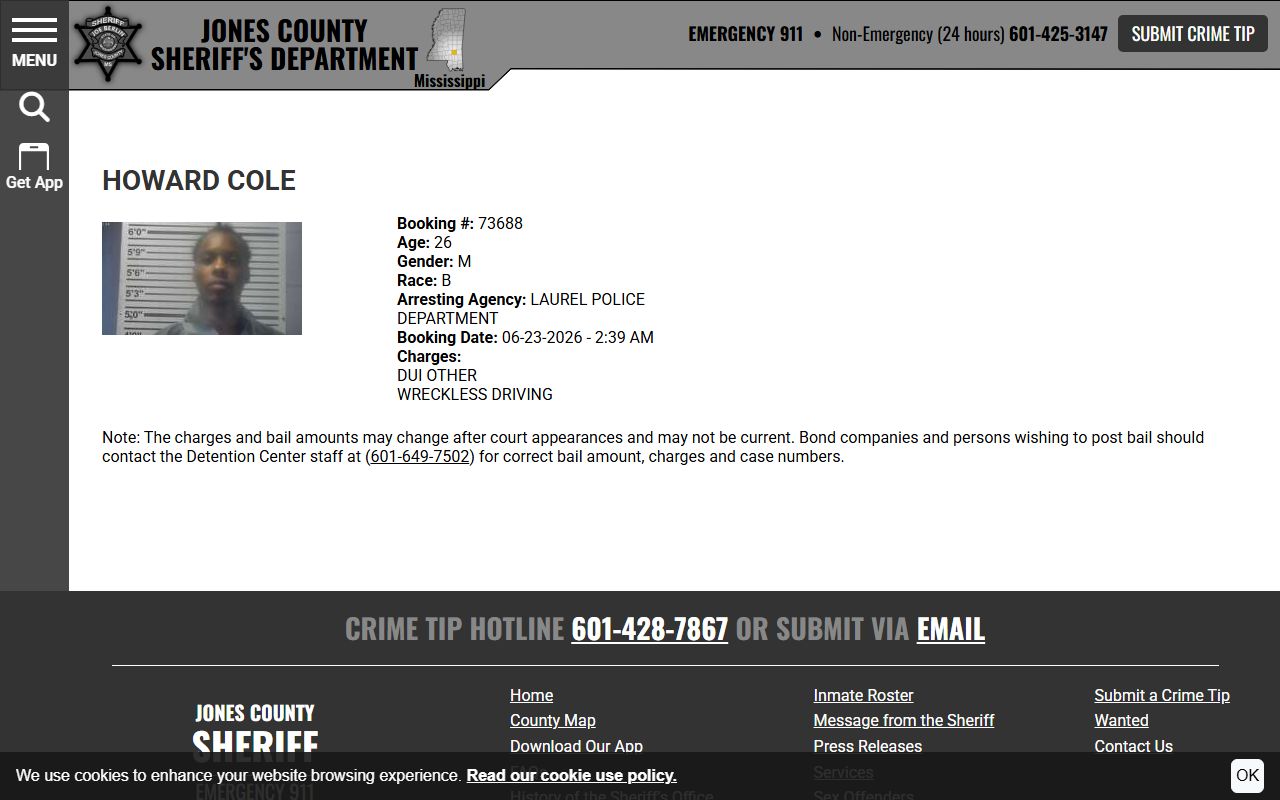 Jones County sample inmate profile booking record