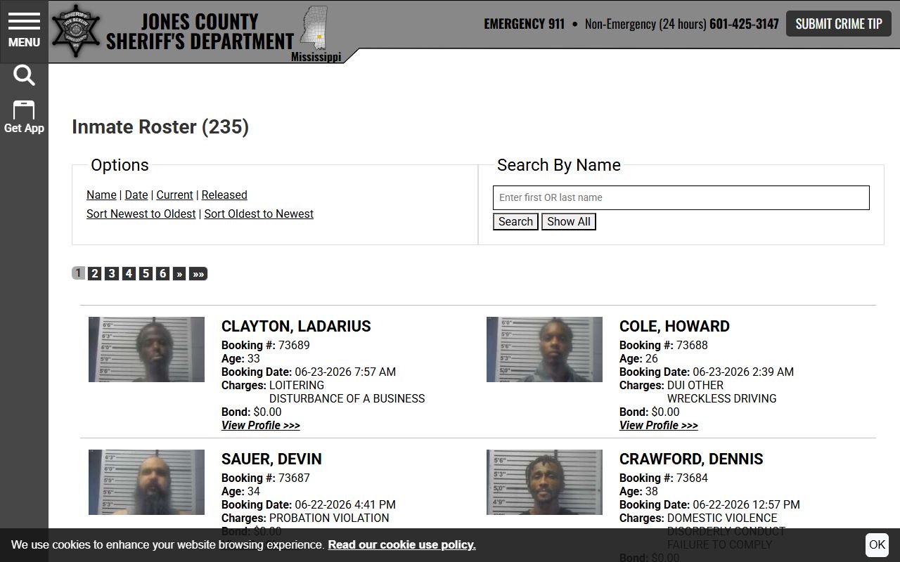 Jones County current inmate roster search page