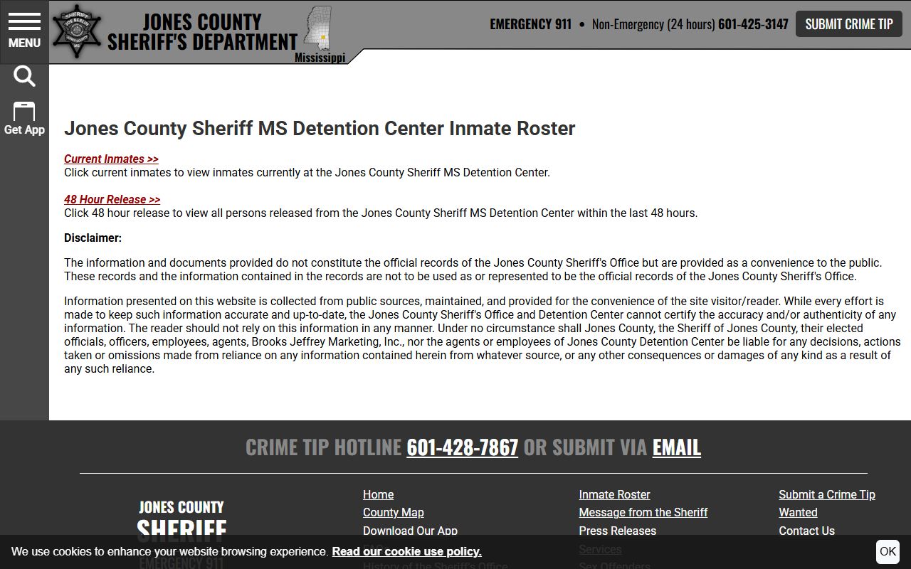 Jones County inmate roster disclaimer page
