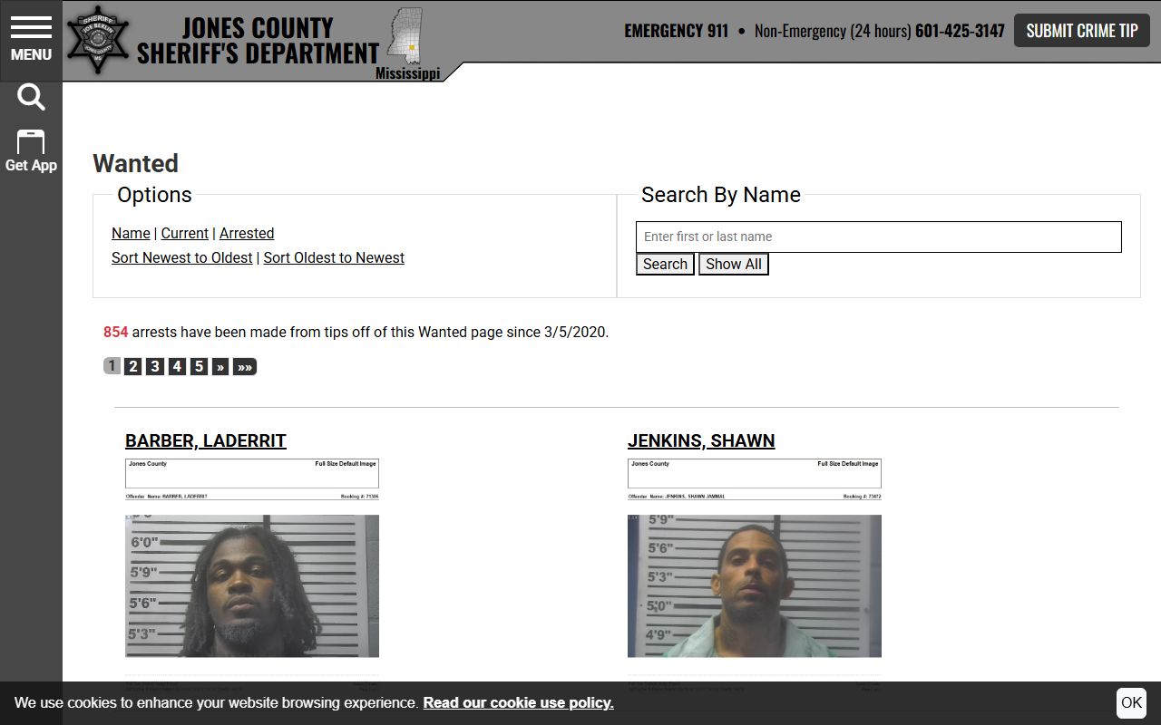 Jones County sheriff wanted list warrant search page
